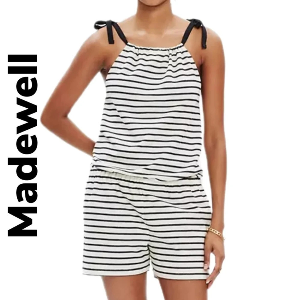 Madewell Black & White tie at shoulders Romper With Pockets. Sz XS